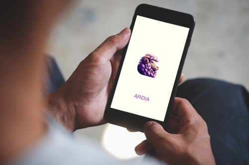 A person holding a phone in their hand. The screen shows the person using the new language learning app ARDIA.